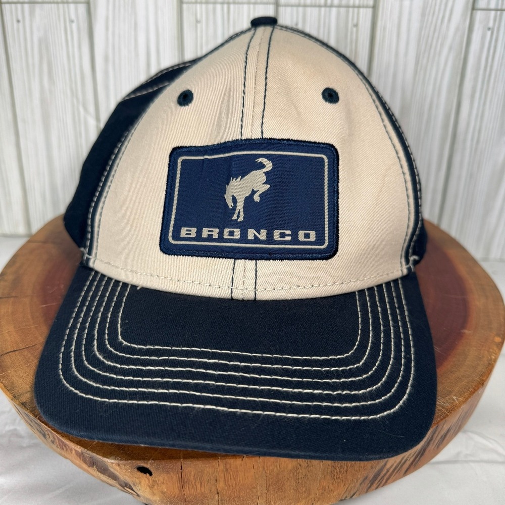 Ford Bronco H3 Headwear Snapback Hat Navy Blue Tan Patch Logo Trucker Cap Mens
